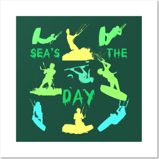 Kitesurfer Silhouette Pattern With Seas The Day Quote Posters and Art